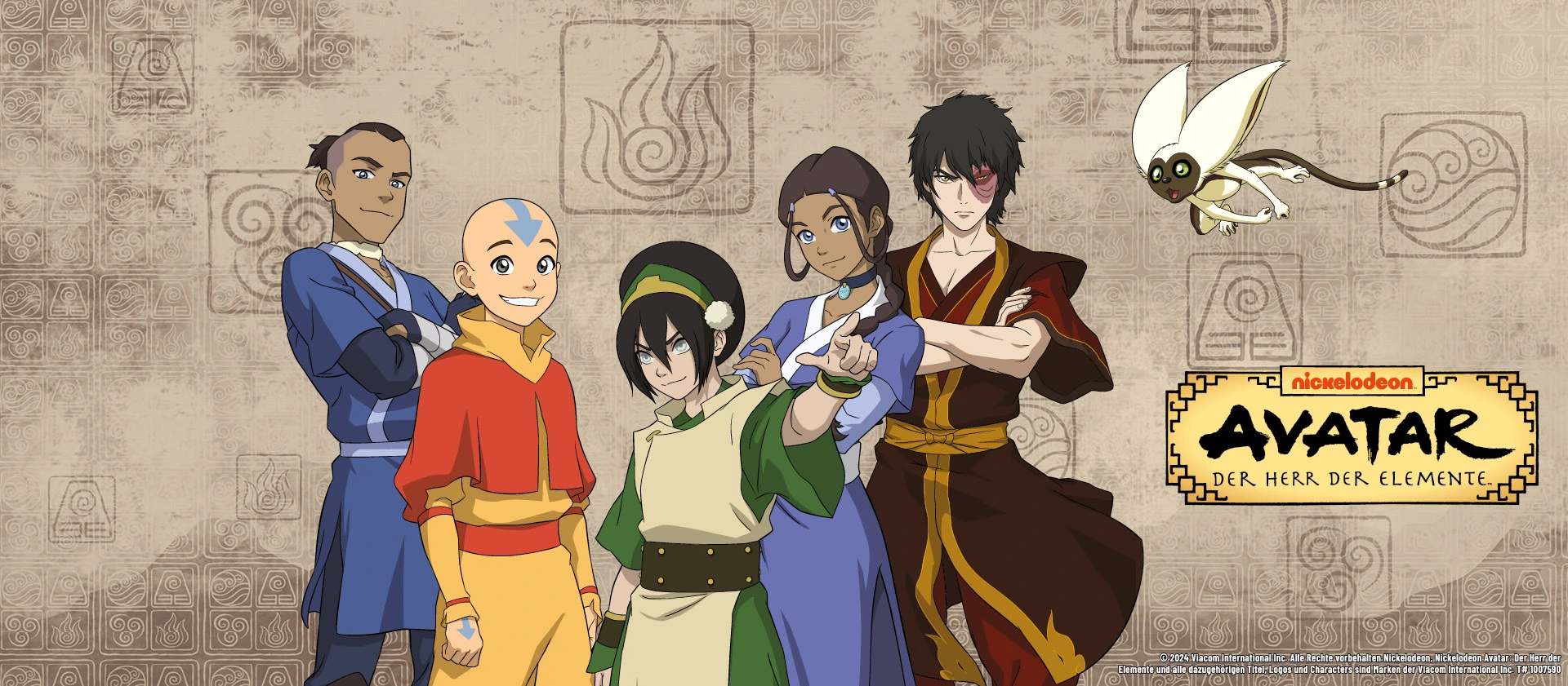 Grauer Hintergrund, Avatar-Titellogo und Gruppenbild mit Sokka, Aang, Toph, Katara, Zuko und Momo