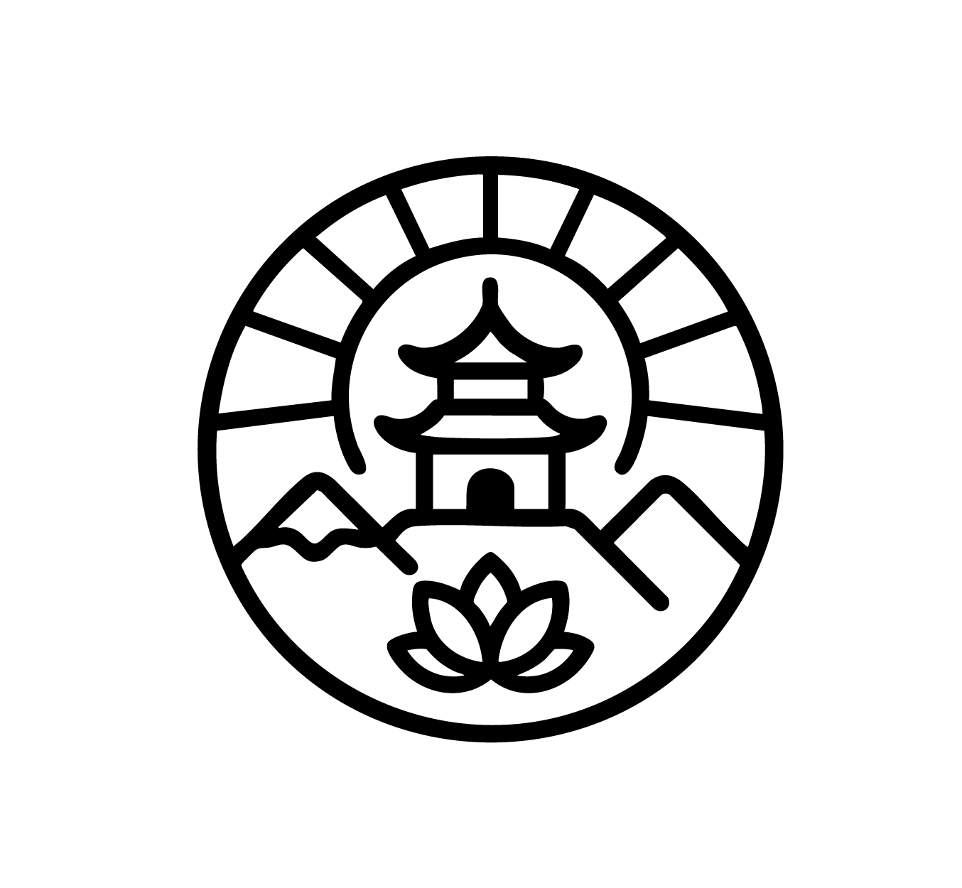 Symbol eines traditionellen asiatischen Tempels vor einer stilisierten Berglandschaft mit aufgehender Sonne und einer Lotusblume im Vordergrund, eingefasst in einem kreisförmigen Rahmen